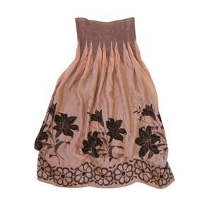 Lapis Pink-Tan and Black Floral Smocked Convertible Skirt Strapless Dress